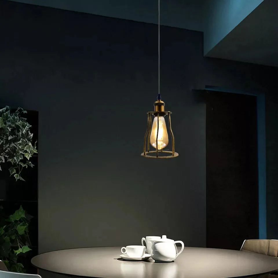Vintage pendant ceiling light with round brass shade, 14 cm diameter, 21 cm height, wire cage, 100 cm black fabric cable.