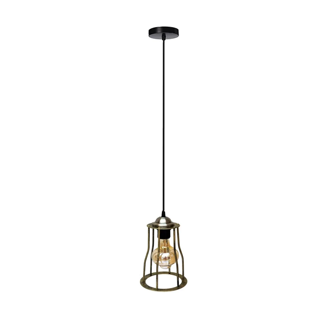 Brass pendant lamp with round shade, 14cm diameter, 21cm height, hanging from black fabric-covered wire. Vintage style.