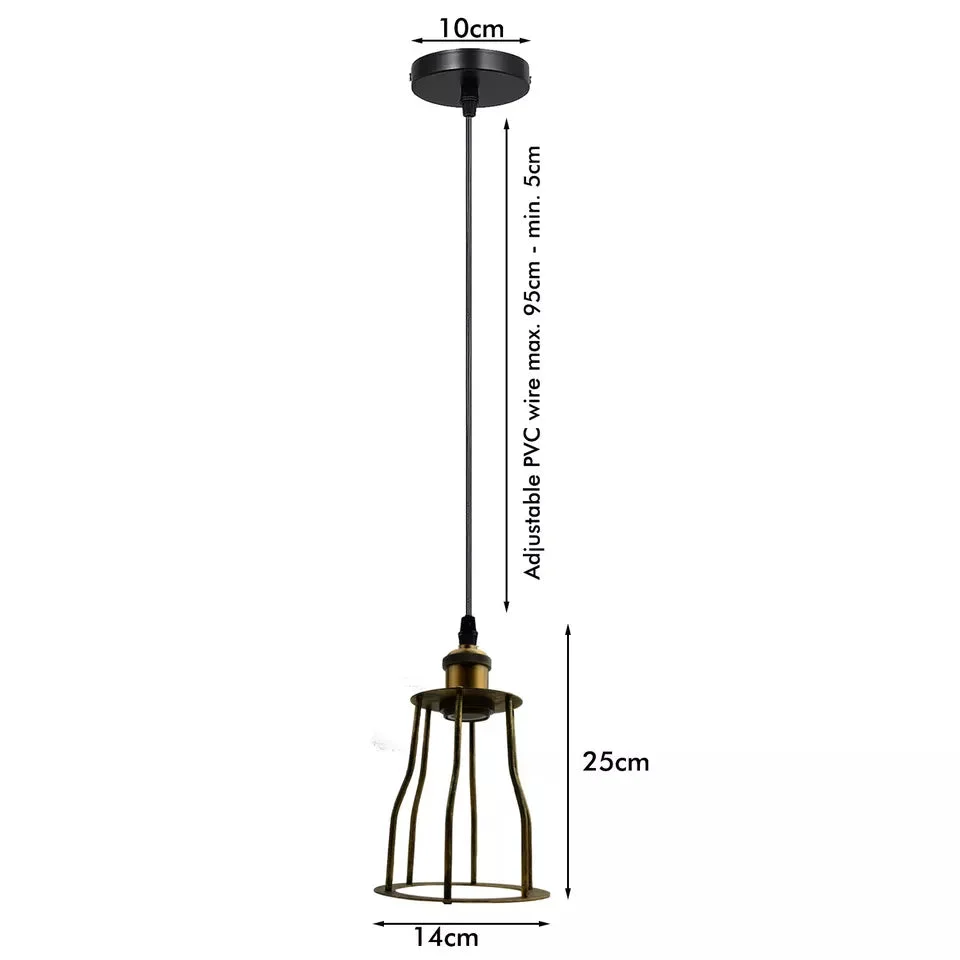 Vintage brass wire cage pendant lamp with black fabric cable, round shade, 14 cm diameter