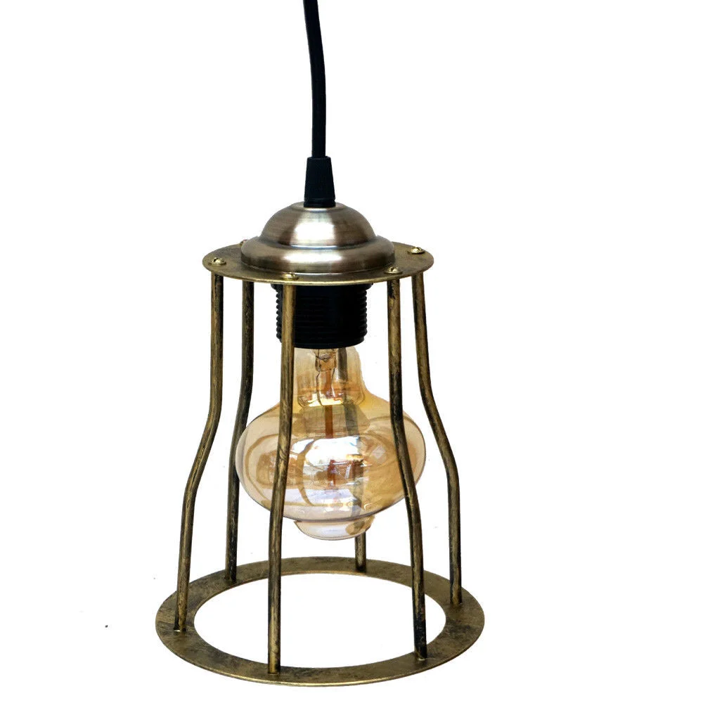 Brass pendant lamp with round canopy, black fabric cable, E27 Edison screw lamp socket, 14cm shade.