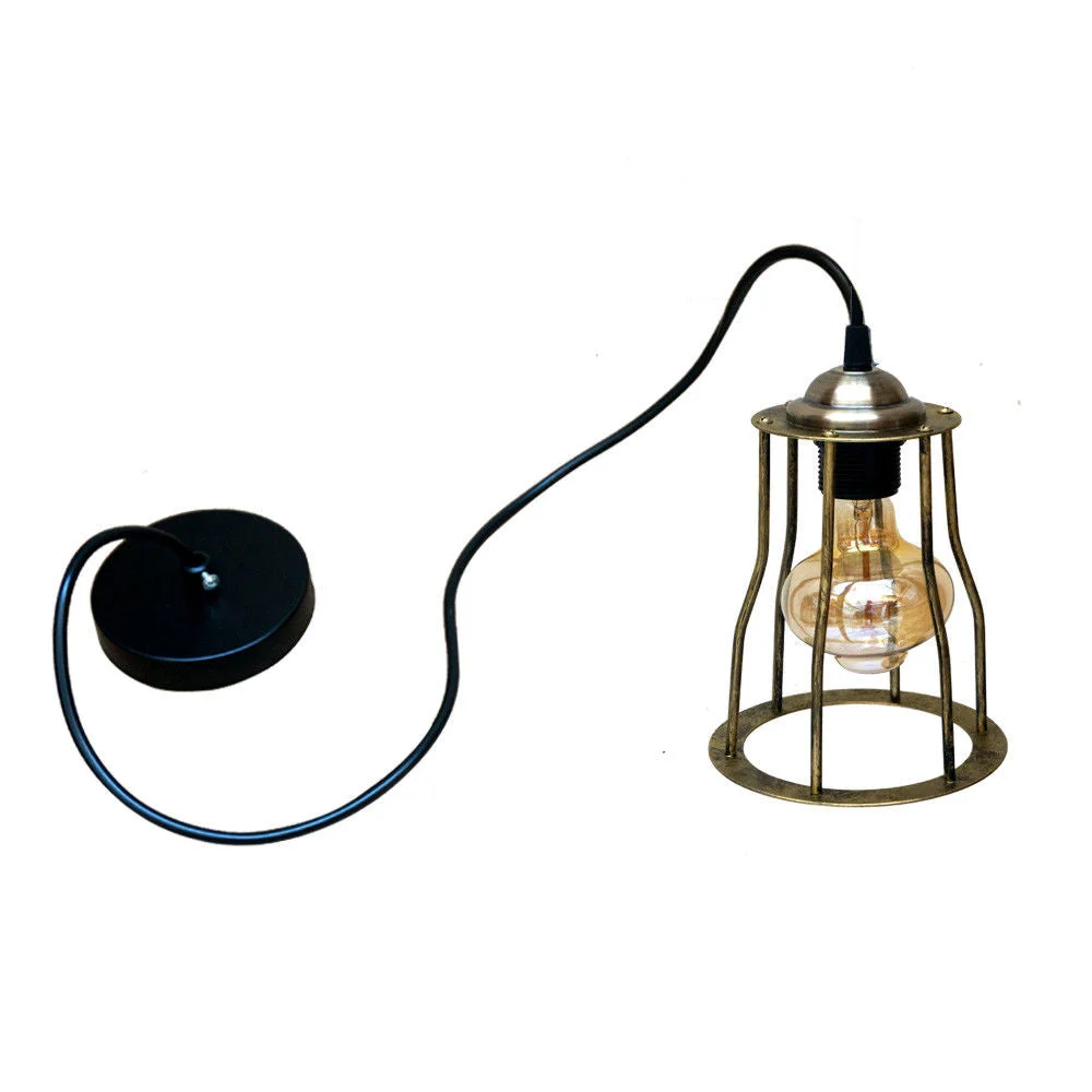Brass wall‑mounted candle lamp with round 14 cm shade, 100 cm black fabric cable pendant, wire cage climbing to ceiling.