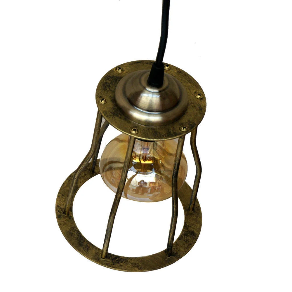 Vintage pendant ceiling light with brass finish, round canopy, black fabric cable, 100cm length, 14cm shade, 21cm height.