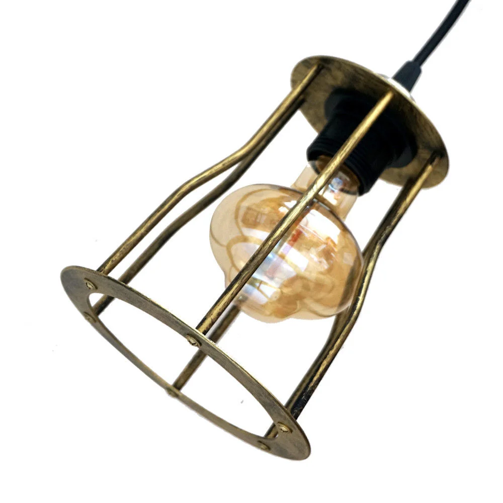 Vintage pendant ceiling light with round brass canopy, black fabric‑covered wire, 14 cm diameter shade and 21 cm height.