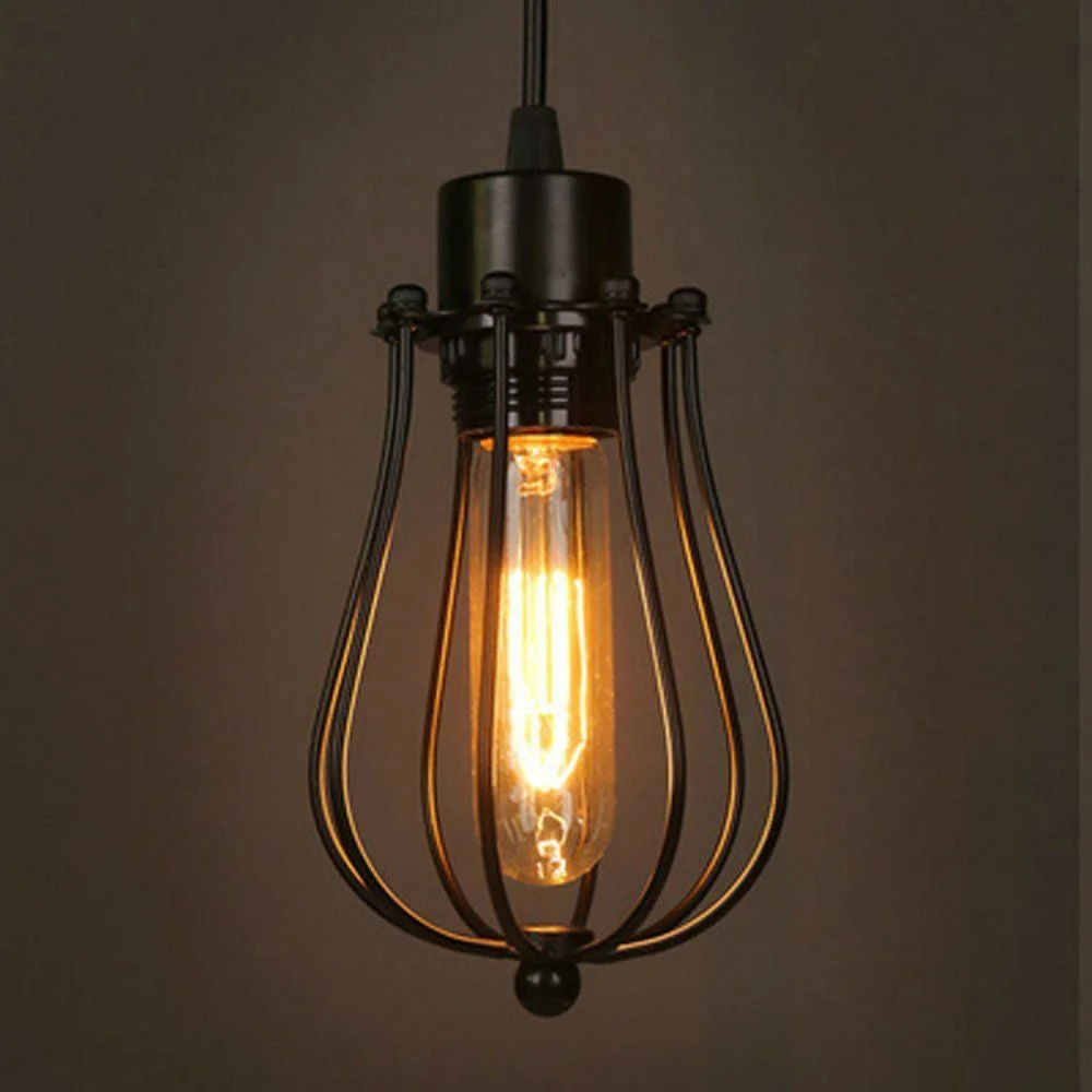 Black wire cage pendant light with retro balloon‑shaped metal shade, round fabric, 20.6 cm diameter, classic industrial look.