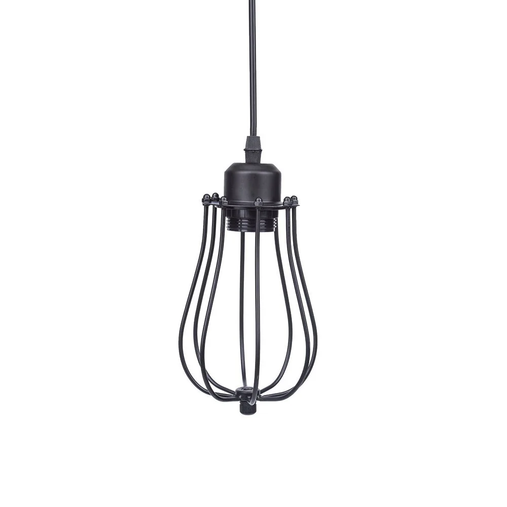 Retro ceiling light: black metal balloon cage, round black fabric shade 20cm in diameter, 10cm tall, hanging with 100cm cable.