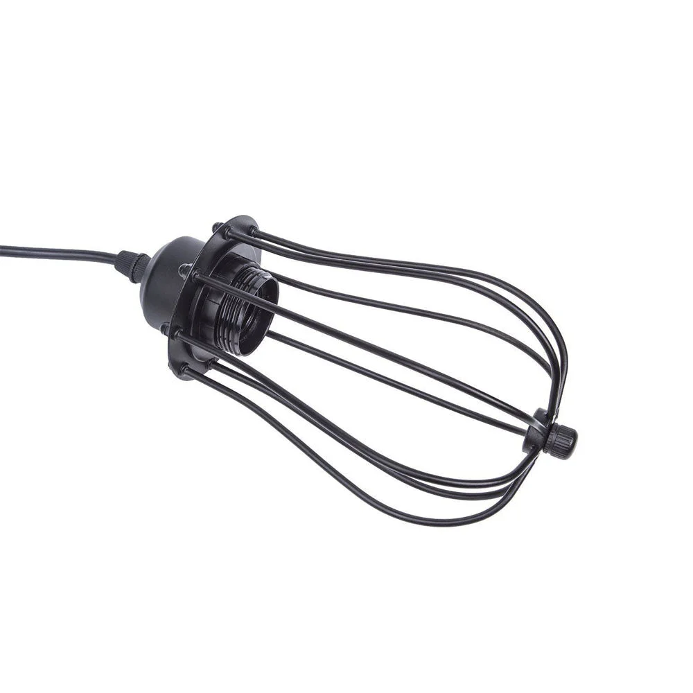 Black metal balloon-shaped vintage pendant light with round shade and fabric-coated cable