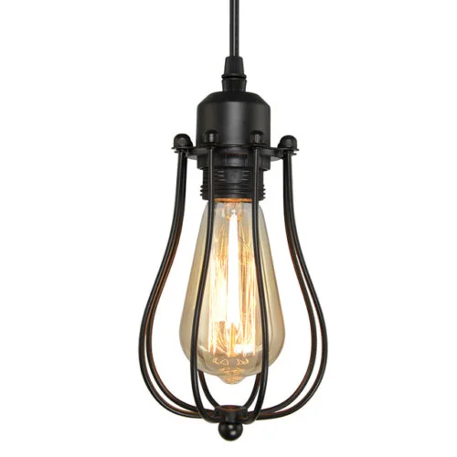 Black metal balloon‑shaped pendant light with round black shade, fabric‑lined cable and E27 socket, stylish vintage pendant light.