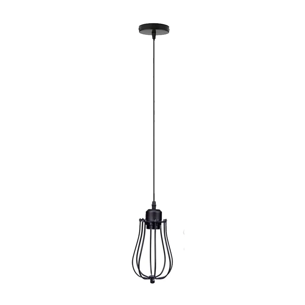 Vintage balloon cage pendant light with 20.6cm black metal shade, black fabric cable, E27 socket, retro industrial design