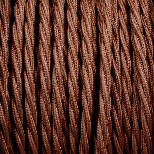 Brown twisted cloth electrical cable, two PVC‑insulated cores, braided fabric cover.