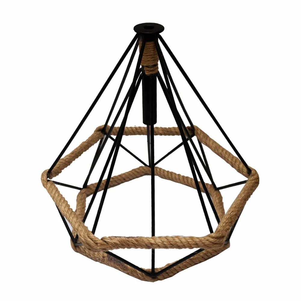 Metal diamond shape pendant lamp with cage design, 24.5 cm, hanging from ceiling in a living room setting
