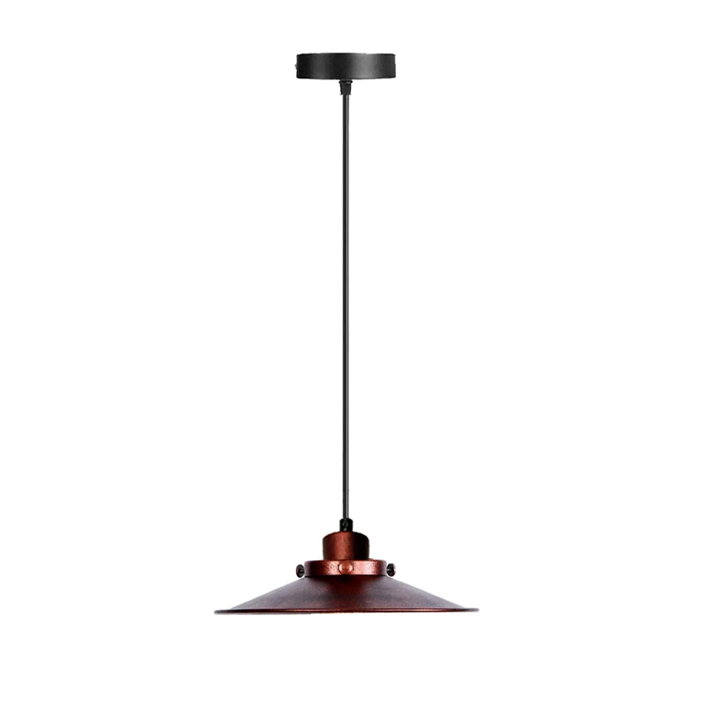 Rustic red pendant light with distressed red finish, black canopy, 22 cm circular shade, wide design, fabric suspension