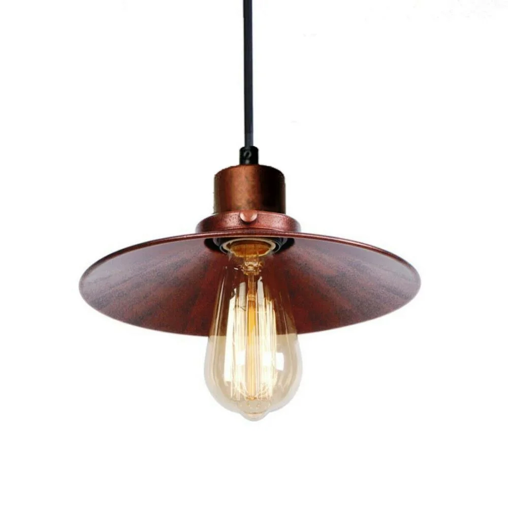 Industrial ceiling pendant featuring a black round canopy and black fabric‑wrapped cable, with a distressed red finish.