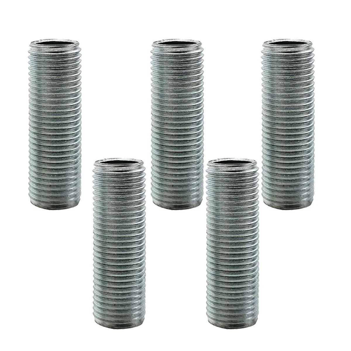 Silvery metal 30mm lamp nipple, M10 threaded, hollow with fine 1mm pitch threads, packaged in a set of five.