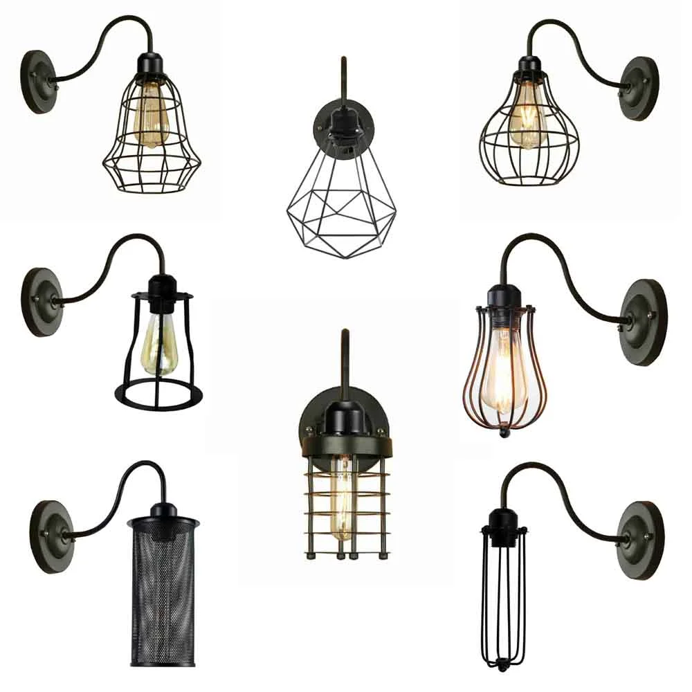 Industrial cage wall light: matte black iron frame with adjustable arm and E27 holder, vintage style.