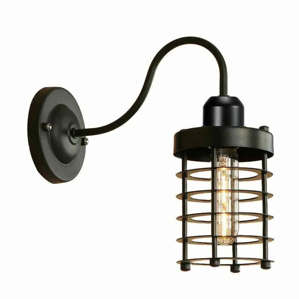 Vintage wall light with matte black iron cage, 240mm adjustable arm and E27 holder.