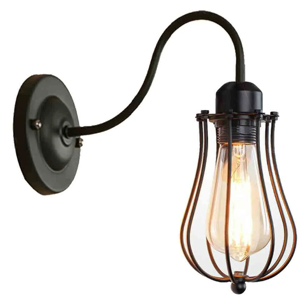 Industrial cage wall light fitted with E27 Edison screw holder, matte black iron frame, adjustable 240mm arm.