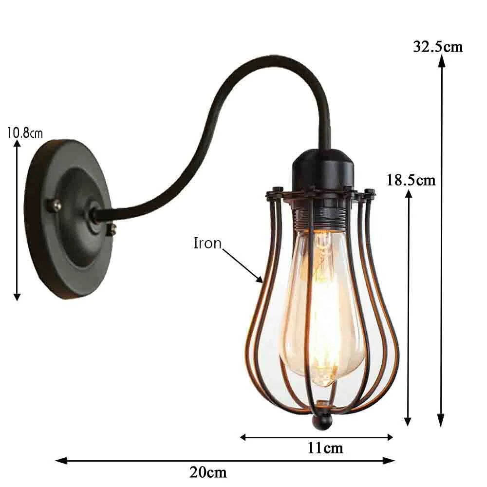 Dimmable industrial lamp, matte black iron cage wall fixture with 240 mm adjustable arm and single E27 holder.