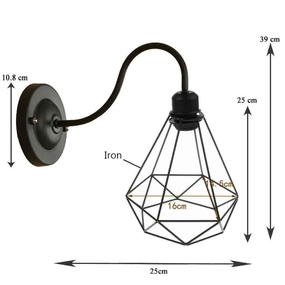 A matte black iron industrial cage wall light with adjustable arm and 100mm rose hanging on a wall.
