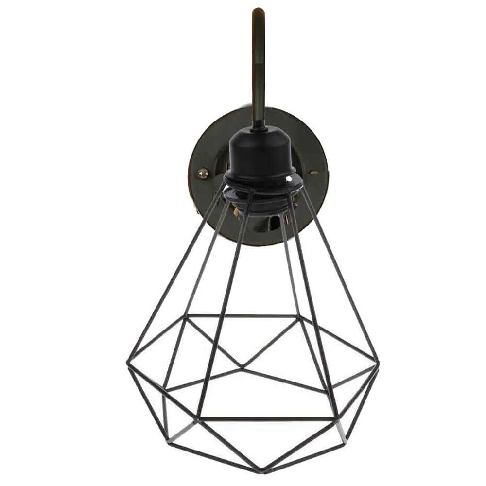 Industrial cage wall light with matte black iron cage, adjustable 240mm arm and E27 holder against a neutral wall