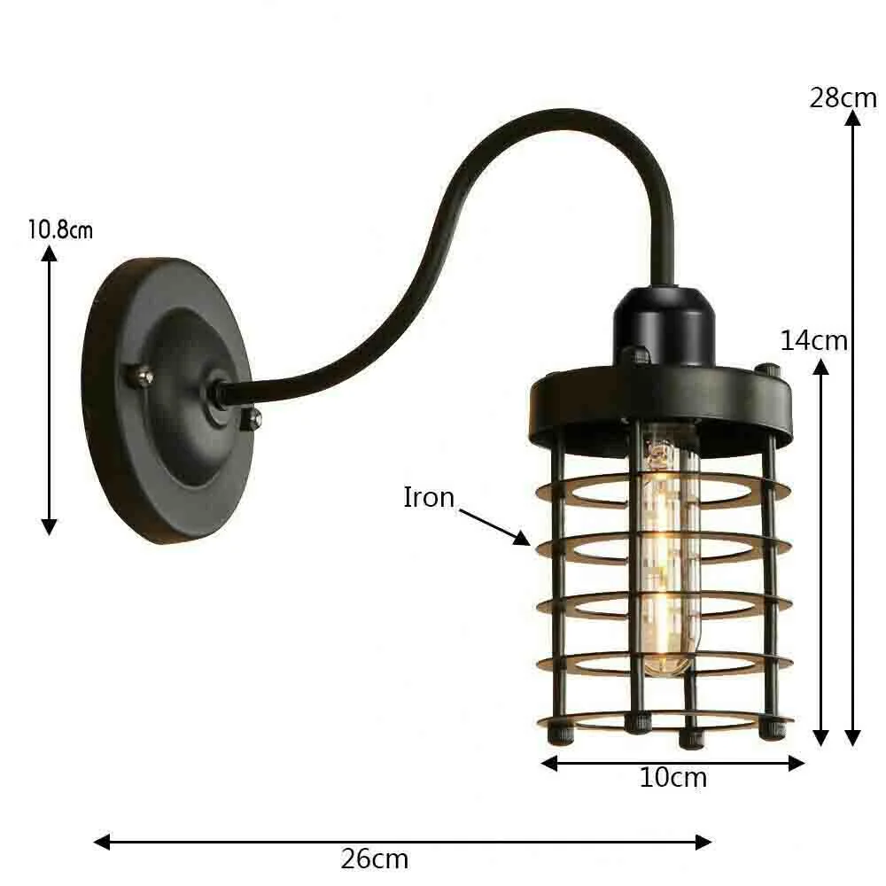 Industrial cage wall light in matte black iron with adjustable 240mm arm, E27 holder, showcasing a vintage industrial design.