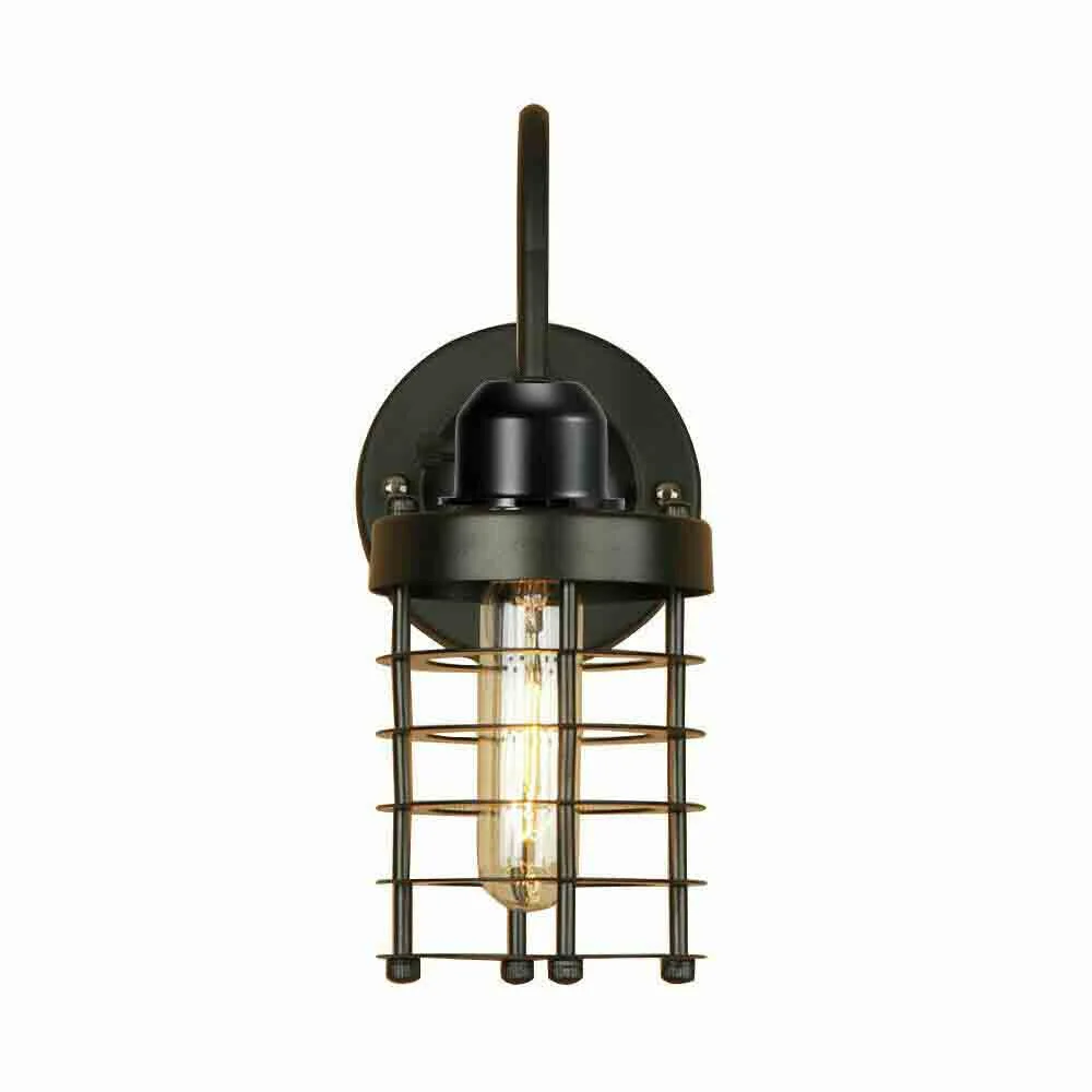 Industrial cage wall light featuring a matte black iron cage, single E27 holder, 240mm adjustable arm and 100mm ceiling rose.