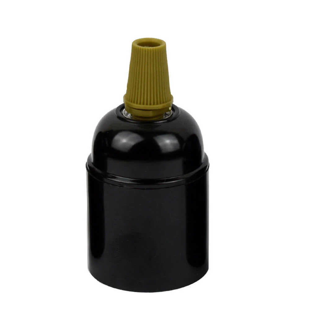 Black bakelite E27 lamp holder with army green cord grip, showing vintage style screw‑on design.