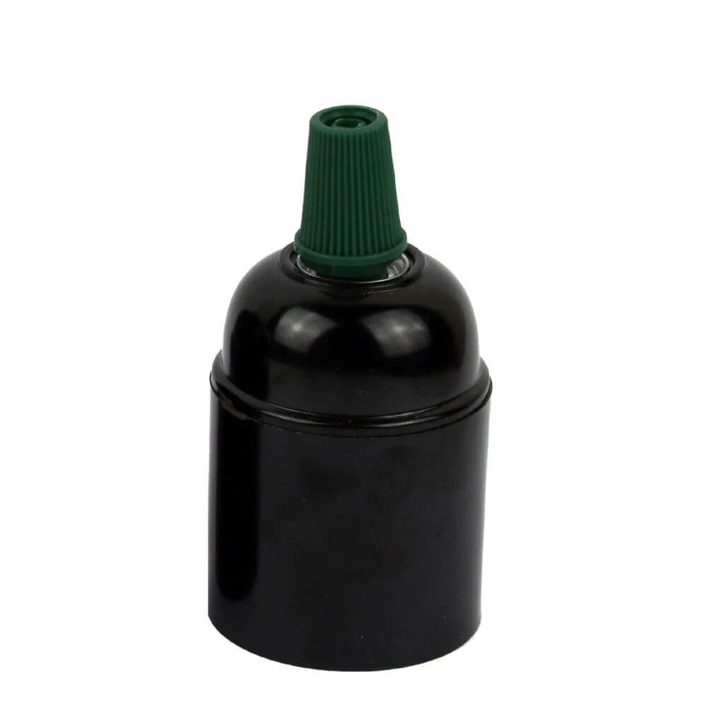 Black Bakelite E27 lamp holder with green cord grip and screw cap, displayed in close‑up.