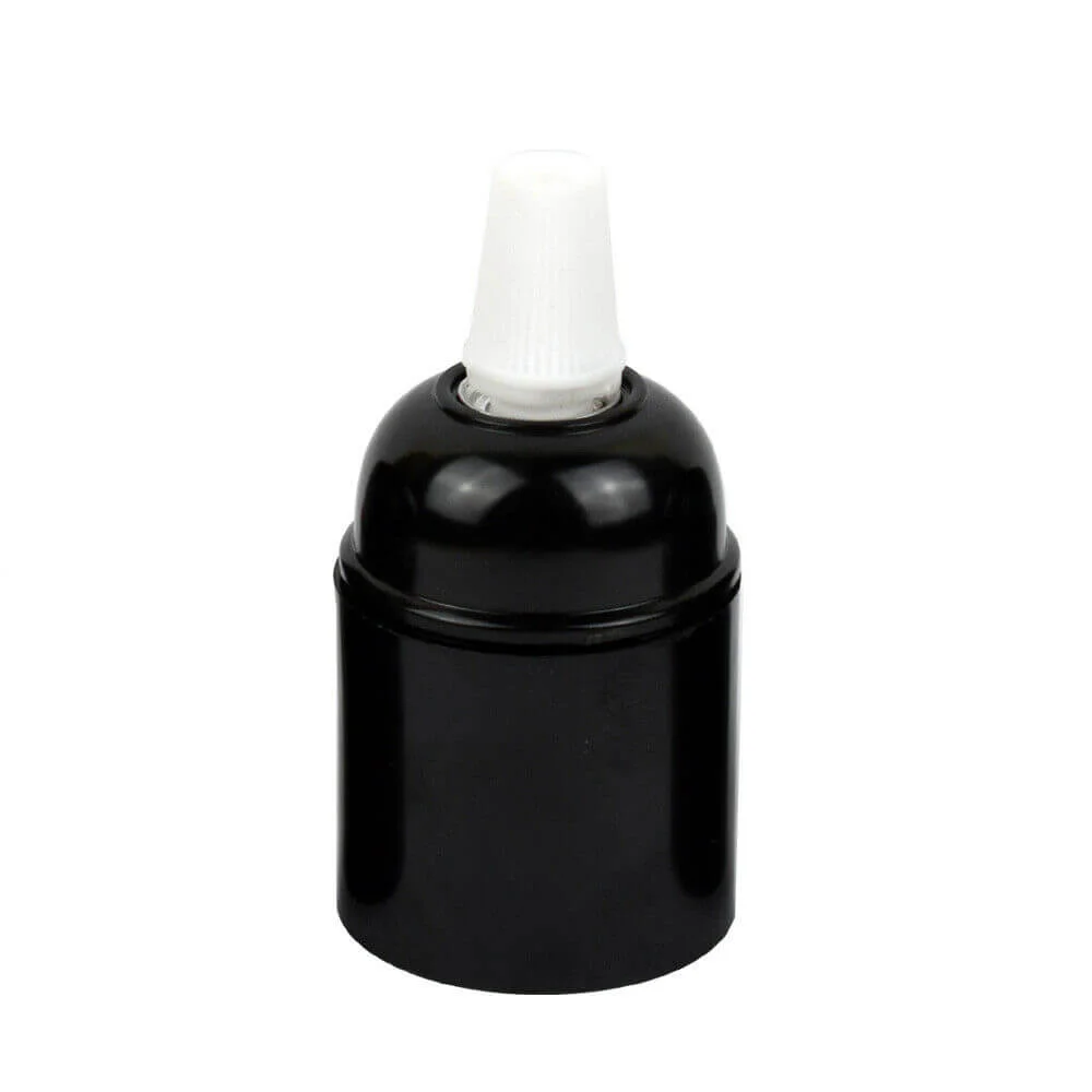E27 lamp holder in black bakelite with white cord grip, exposed screw base and small round socket for LED bulbs