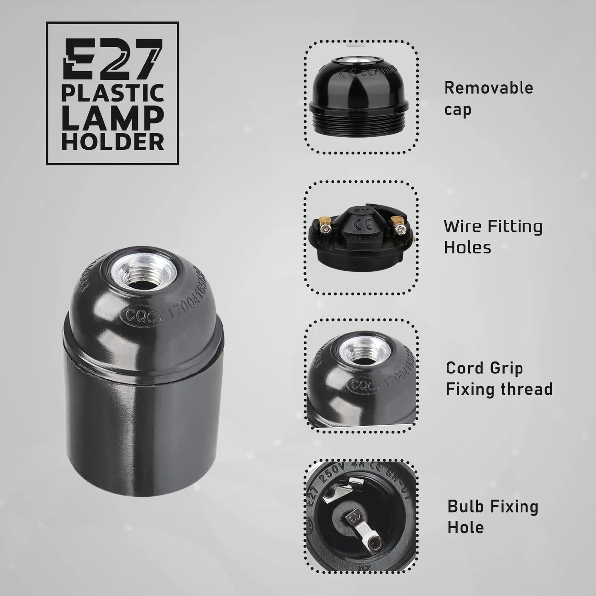 Black bakelite E27 lamp holder with white 10 mm cord grip and removable cap, suitable for indoor pendant lights.