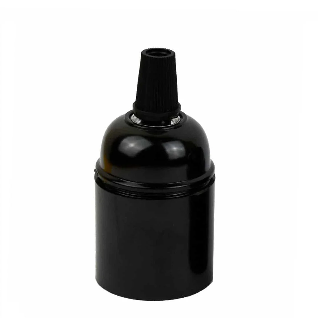 Black bakelite E27 lamp holder with cord grip, metal socket and exposed vintage bulb, suitable for 110‑250 V lighting.