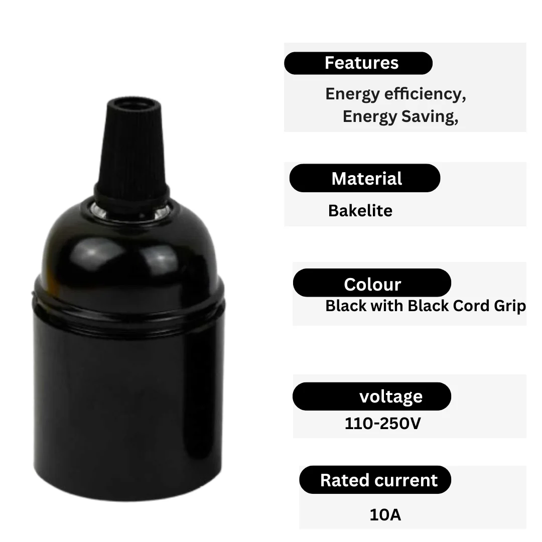 Black bakelite e27 cord grip holder for vintage‑style lamp with exposed bulb, screw‑on base