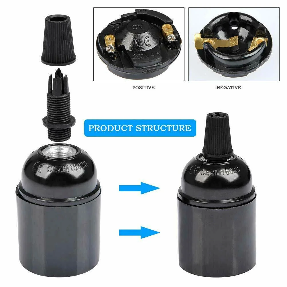 Black Bakelite E27 lamp holder with cord grip, a vintage lamp socket for exposed bulb lighting