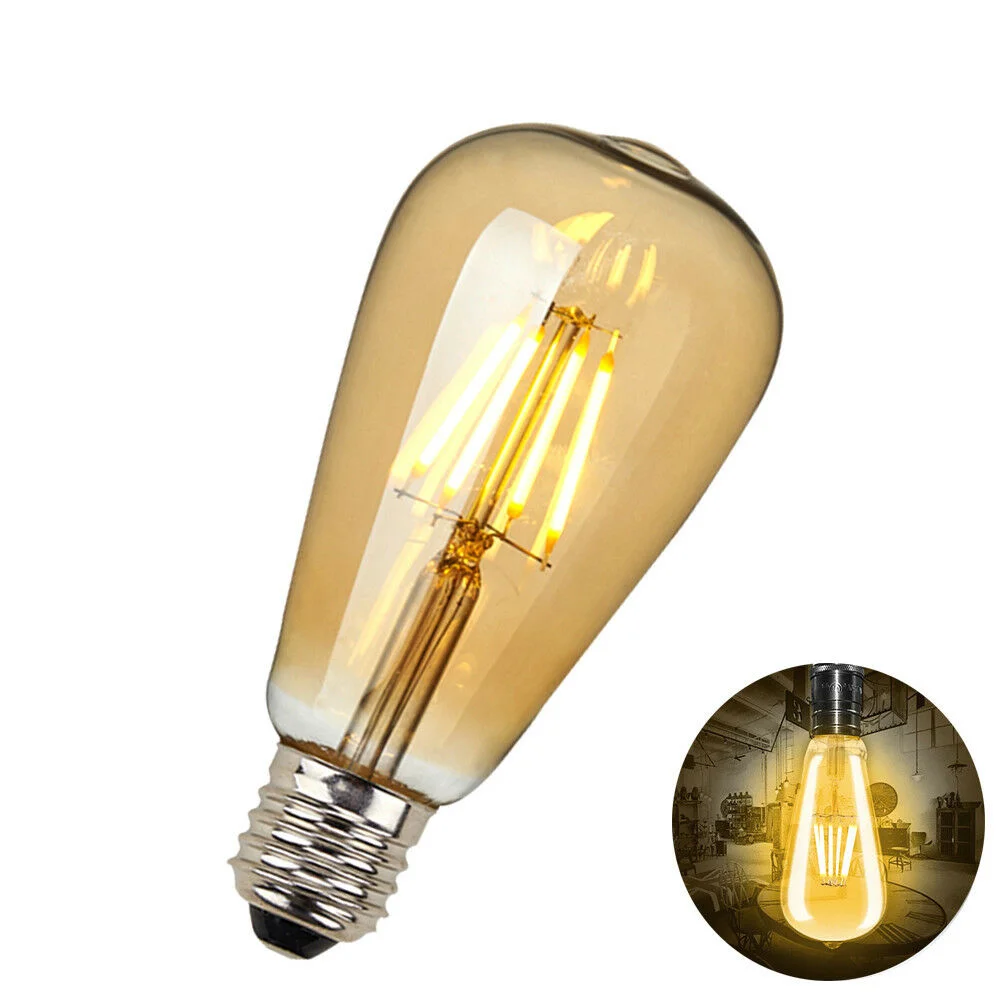 Vintage-style 8W dimmable LED bulb with glass filament in standard E27 socket, warm white glow.