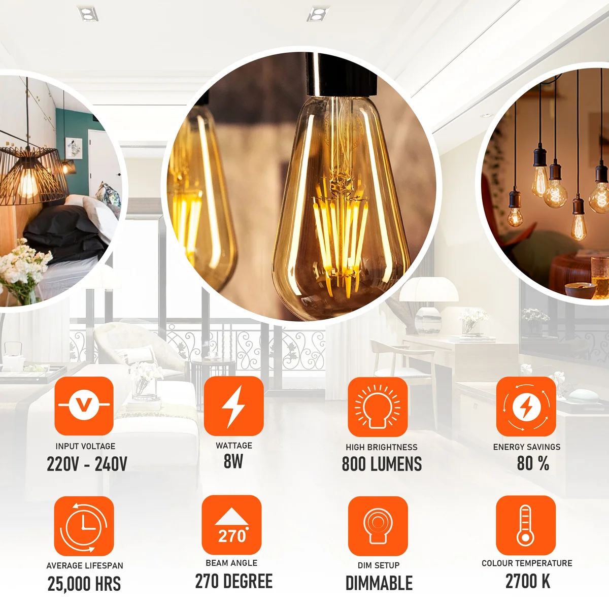 Vintage LED filament bulb in glass housing, 75mm standard E27 base, 8W LED light.