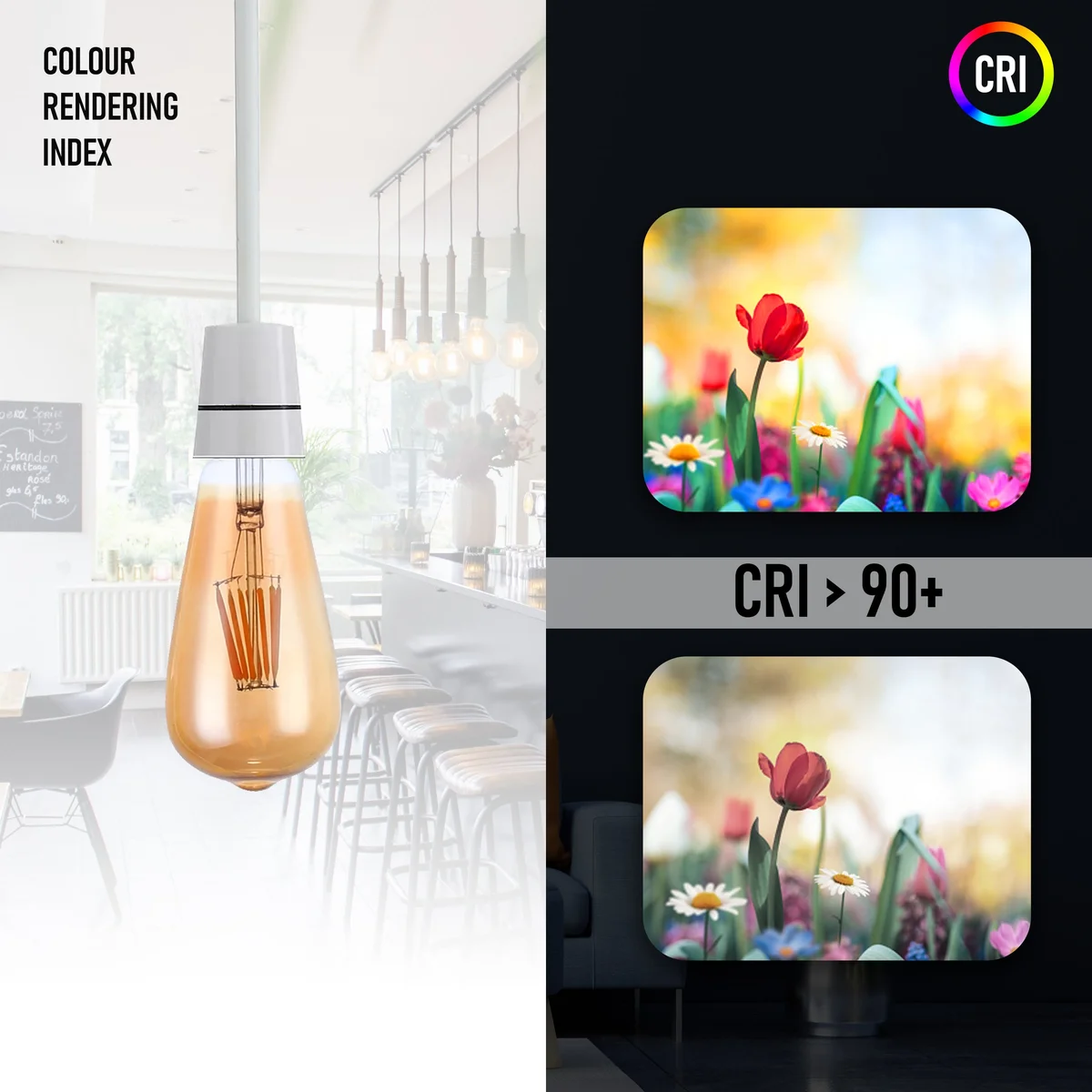 Vintage LED filament bulb in clear glass housing, 8W, E27 socket, warm white, dimmable, 360° beam angle.