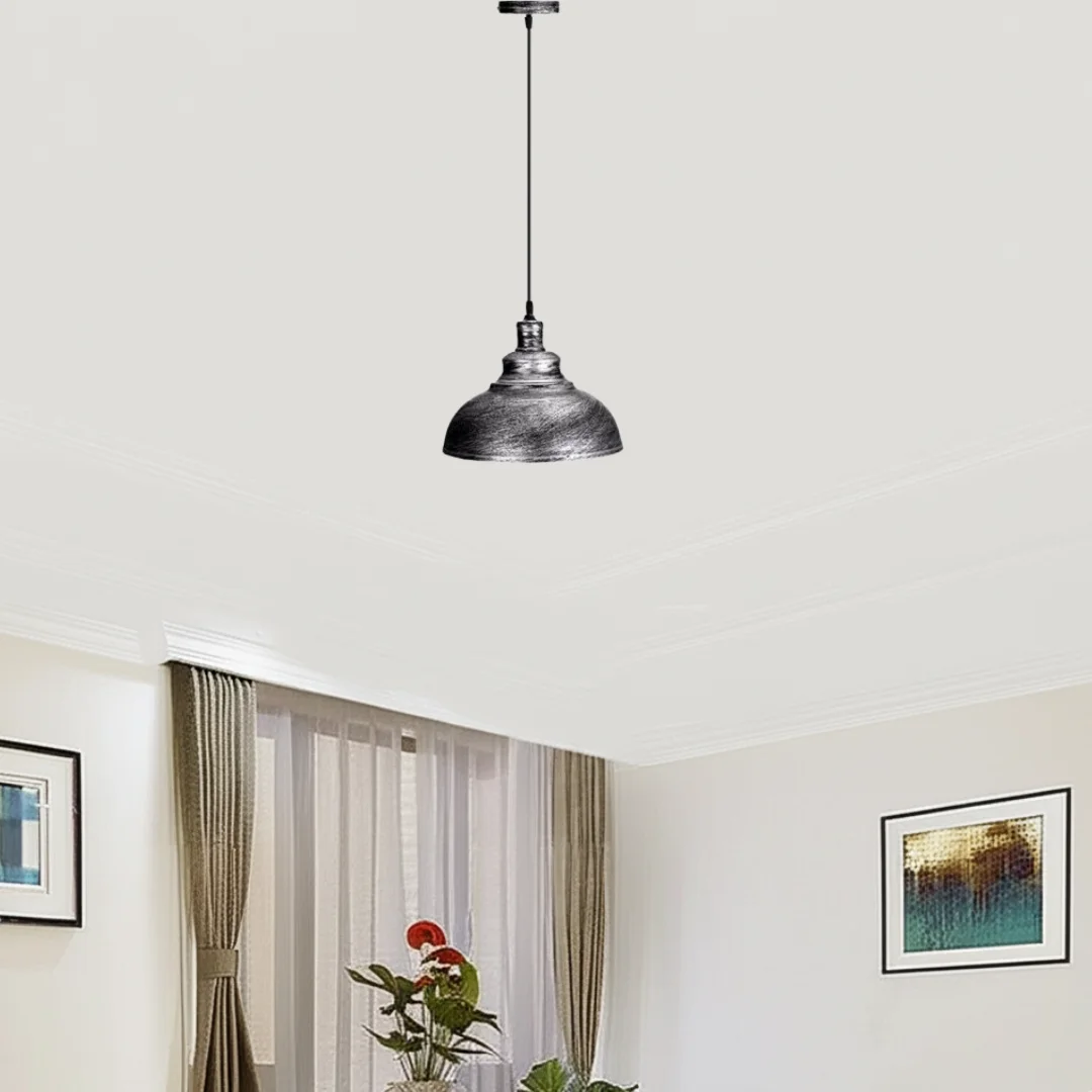 Brushed silver vintage ceiling pendant light with curvy metal shade, 29cm diameter, 95cm cord, modern rustic décor