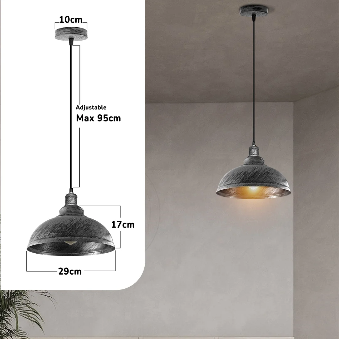 Vintage brushed silver metal ceiling light shade with curved domed design, hanging from ceiling.