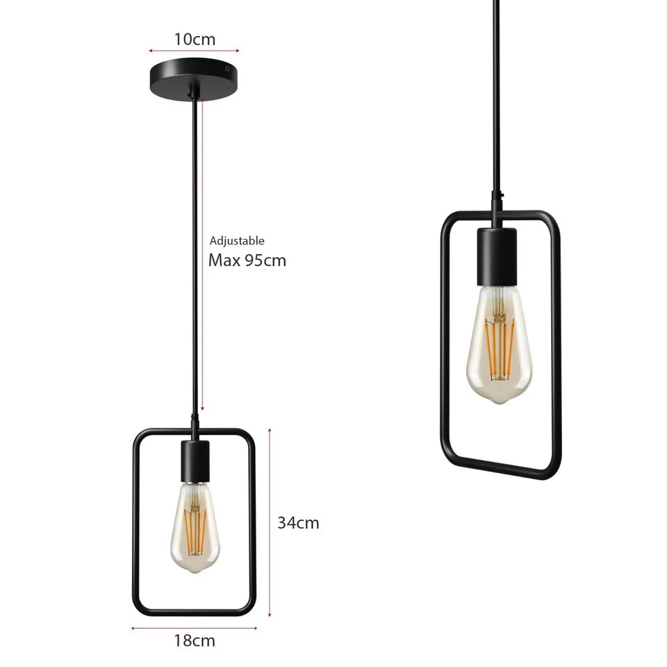 Industrial kitchen pendant light, black square shade 32.5 cm dia, 33 cm tall, fabric‑wrapped 100 cm wire, E27 socket.