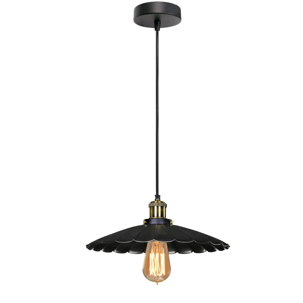 Black wavy metal pendant lamp shade with round canopy, 25 cm diameter, 100 cm fabric‑covered cable and E27 socket.