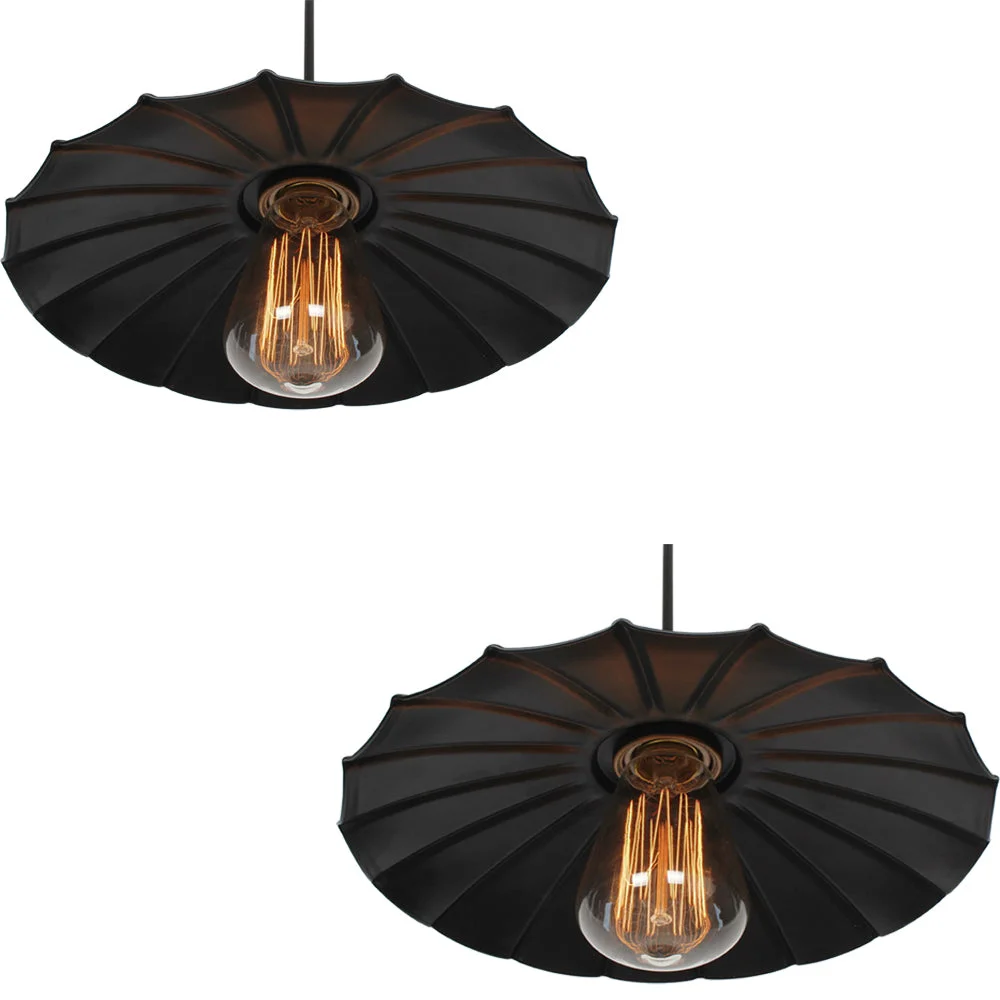 Retro ceiling light with black wavy metal shade, round 25 cm diameter, 20 cm tall, hanging on black fabric cable – vintage pendant lamp.