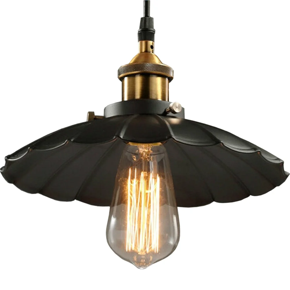 Black wavy metal vintage ceiling pendant lamp with round fabric shade, 25 cm diameter, 20 cm tall, 100 cm cable