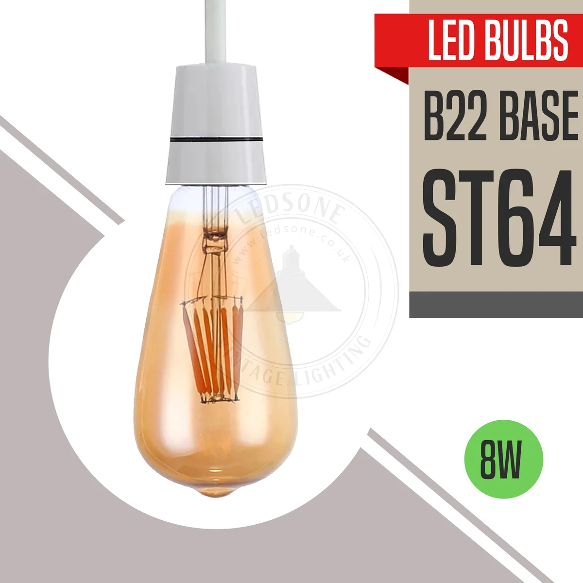 Vintage ST64 LED bulb with glass housing, filament-like LED arrangement, displayed on a flat surface.