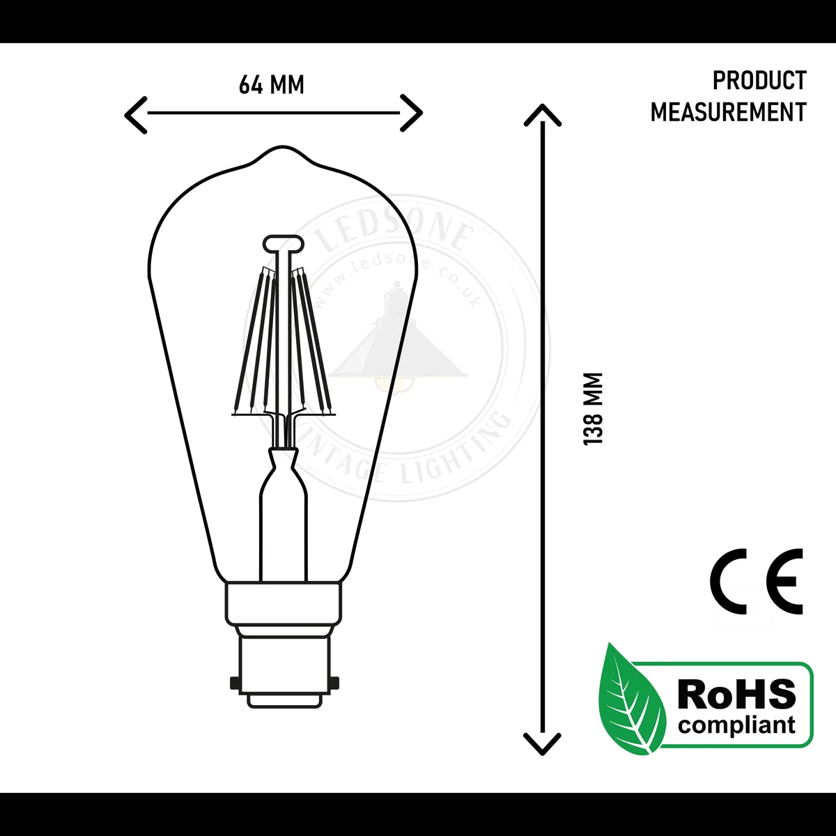 Vintage 8W LED filament B22 bayonet bulb in glass, soft warm 2200K glow.