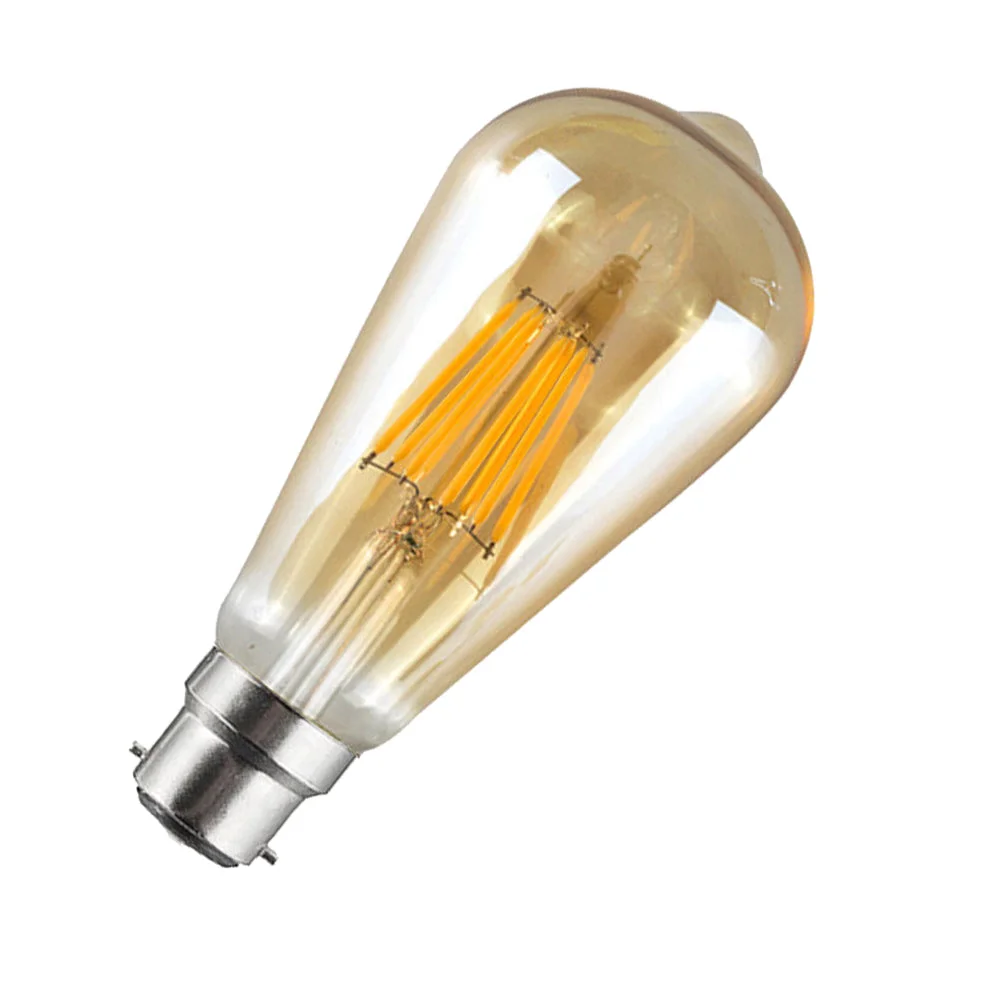 Vintage 8W B22 dimmable LED light bulb, warm white glass housing, 360° beam, retro filament design.