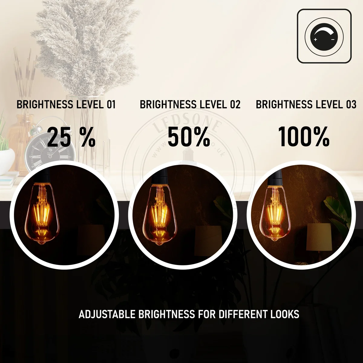 Retro glass western style vintage LED bulb, 8W, B22 socket, warm 2200K light, 360° beam, stands in dimly lit backlit setting