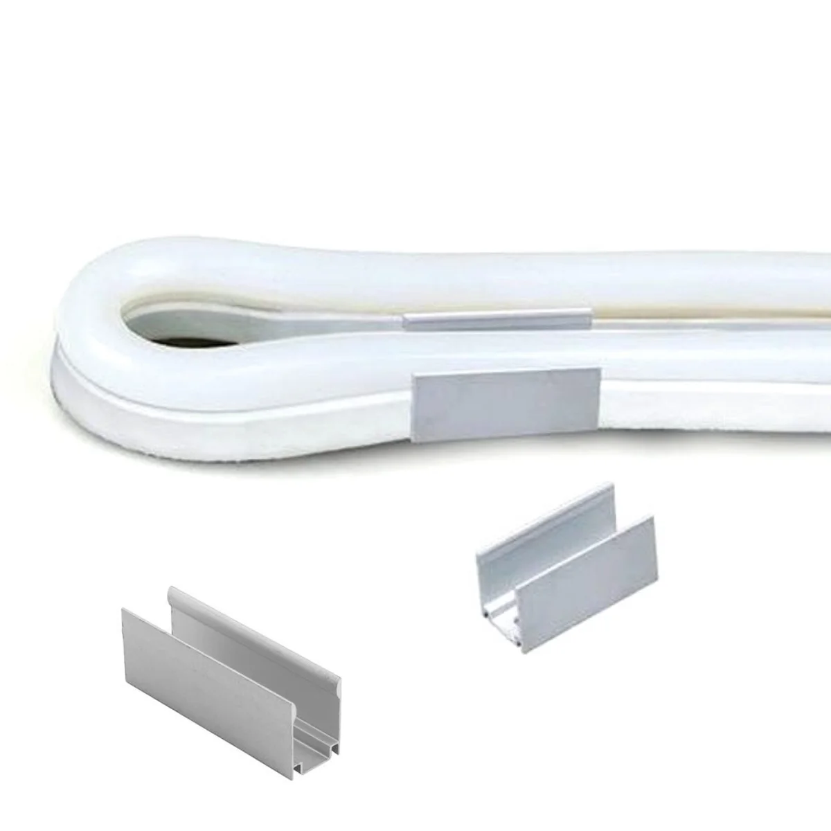 Small metal mounting clip for 15x16mm LED neon flex accessories, shown attaching power cords to neon rope lights