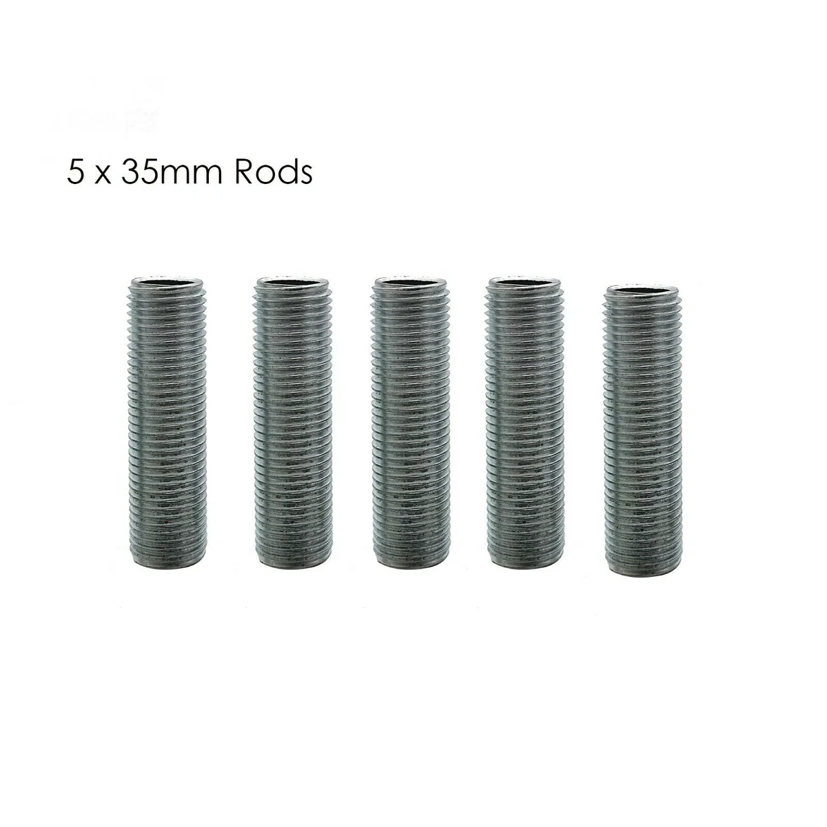 Five silver threaded lamp nipples, 35mm long M10 with 1mm fine pitch thread, close‑up view.