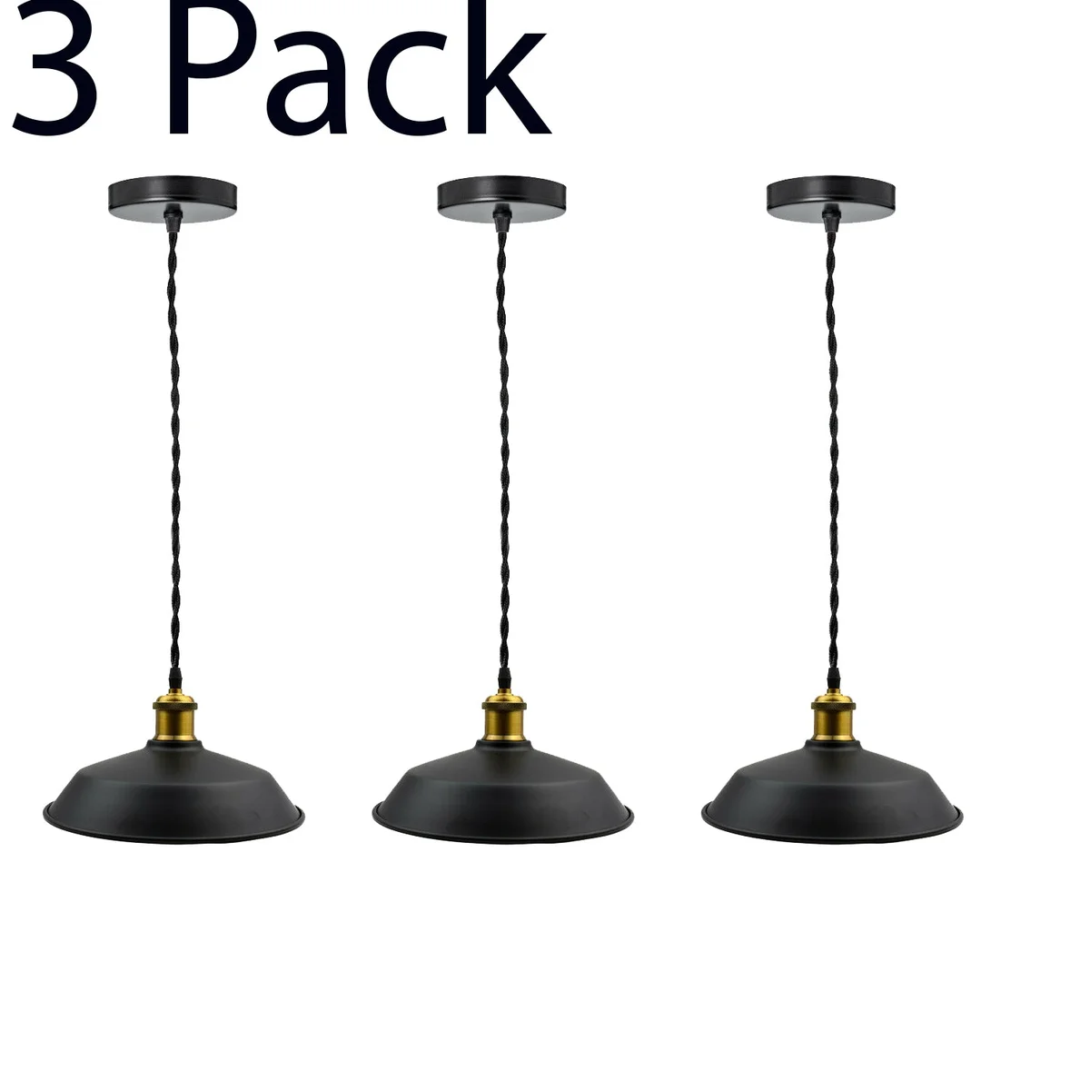 Three black fabric industrial ceiling pendants, round shades, 2m wires, together in a vintage loft style.
