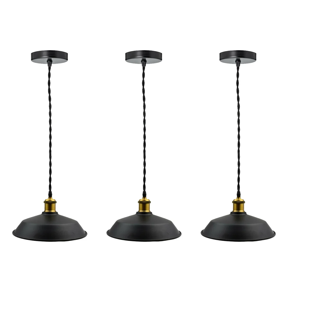 E27 socket pendant light with black fabric shade, round canopy, 2m twisted cable – vintage loft chandelier.