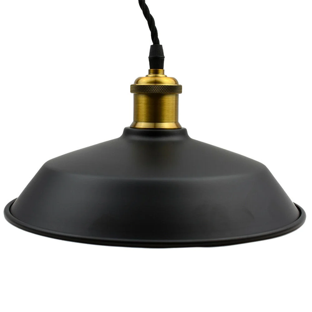 Black round fabric cable pendant light with 2m twisted wire, round canopy, vintage loft style.